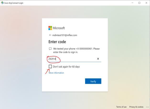 Microsoft MFA screen asking for an SMS verification code