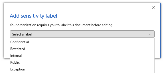 Sensitivity label dropdown showing Confidential, Restricted, Internal, Public, and Exception