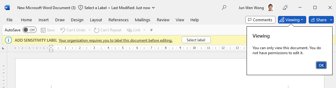 Microsoft Word showing an Add Sensitivity Label banner before editing