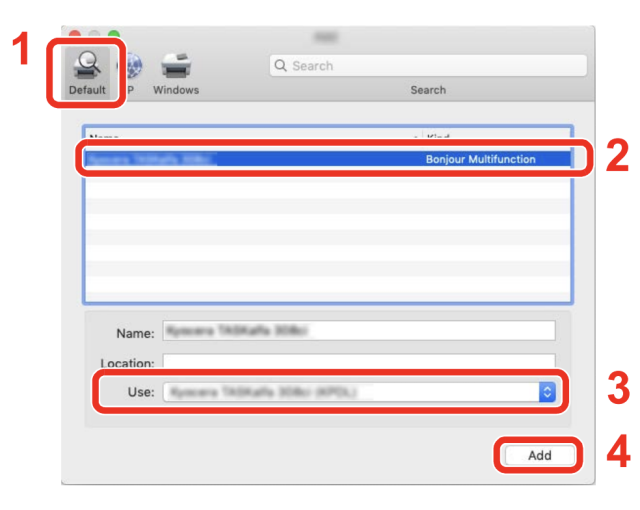 macOS add printer window with Bonjour printer selected