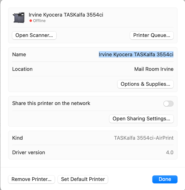 Kyocera printer added in macOS Printers and Scanners