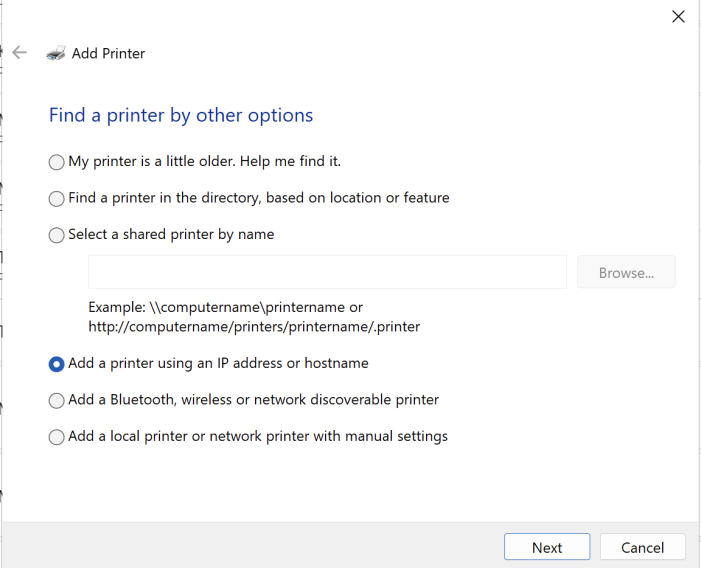 Windows add printer by IP address option