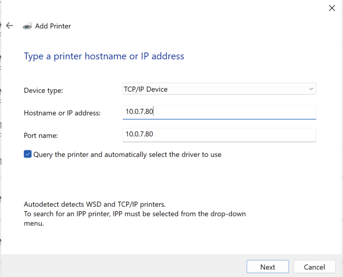 Windows TCP IP printer address entry
