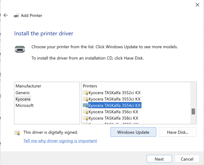 Windows Kyocera printer driver selection