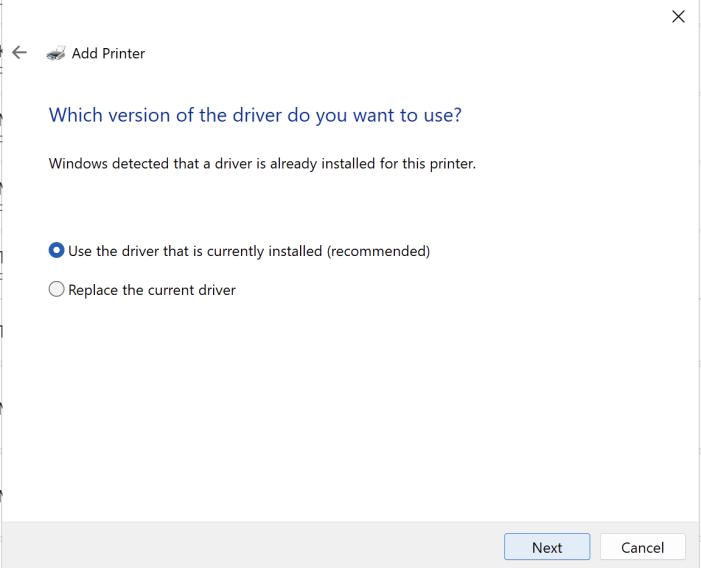 Windows use currently installed driver option