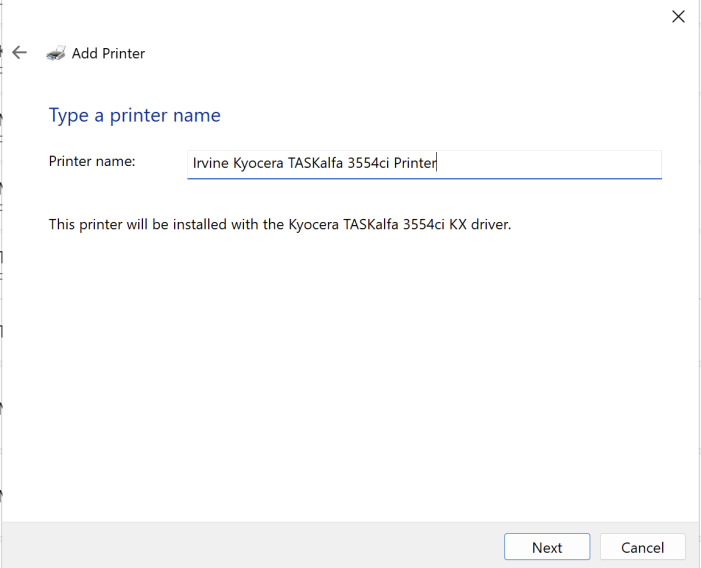 Windows printer name entry