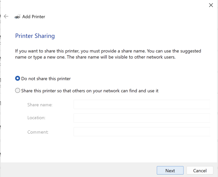 Windows do not share printer option
