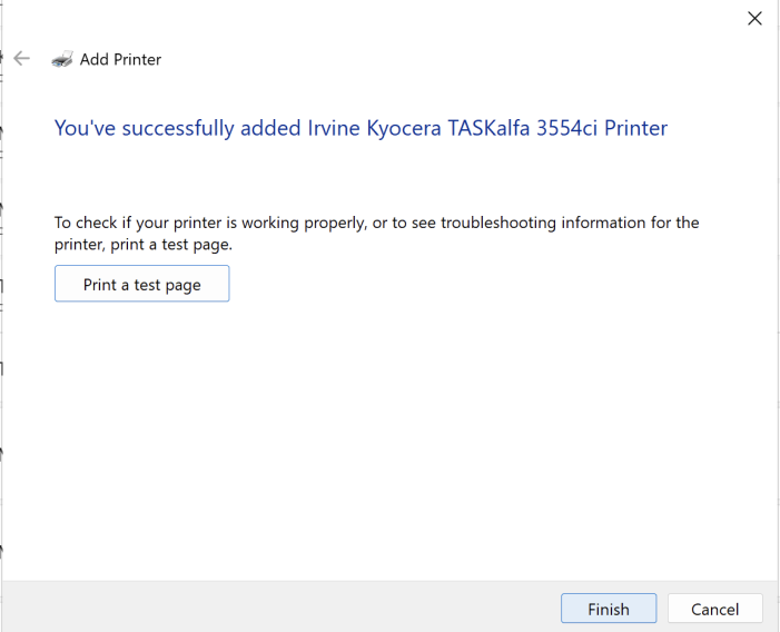 Windows printer successfully added page