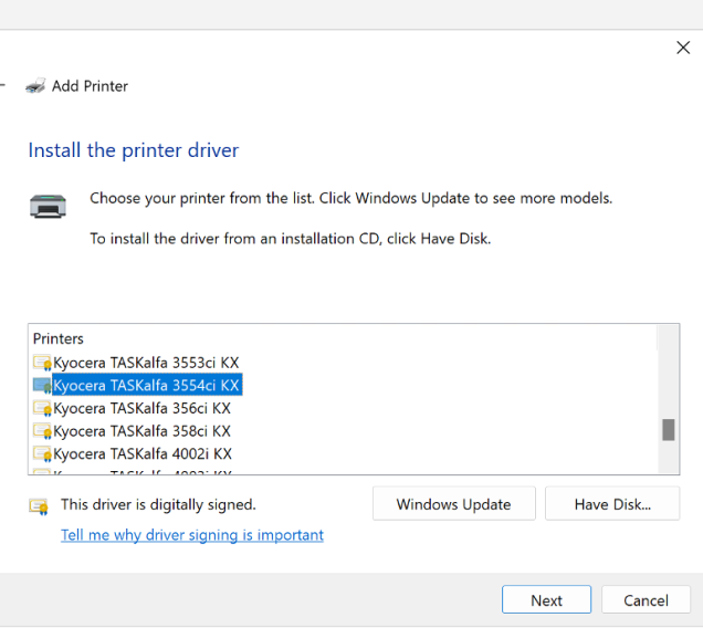 Kyocera TASKalfa 3554ci KX driver selection