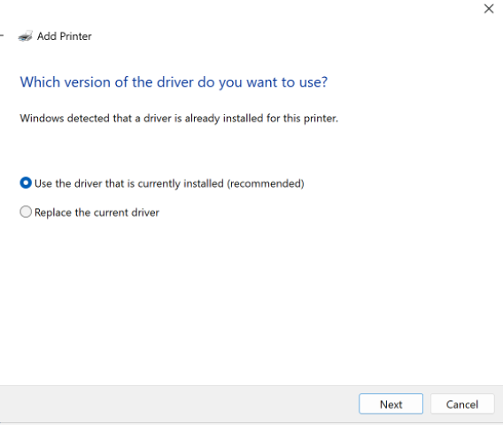 Use currently installed driver option