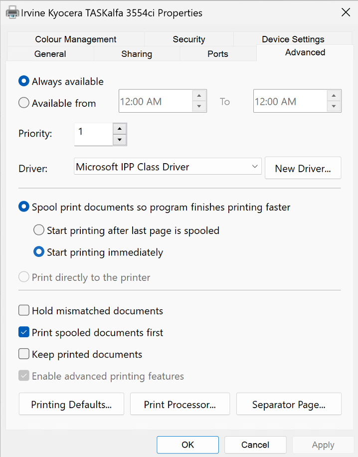 Windows Advanced printer properties tab