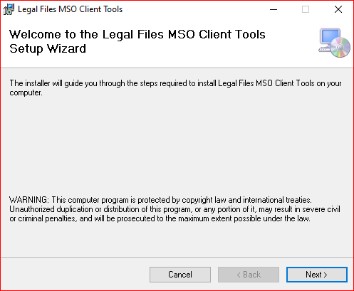 Legal Files MSO Client Tools setup wizard welcome screen