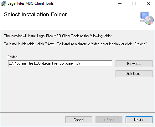 Legal Files setup wizard installation folder screen
