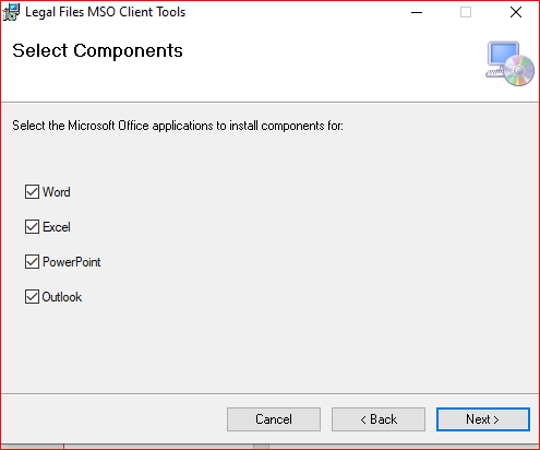 Legal Files setup wizard component selection screen